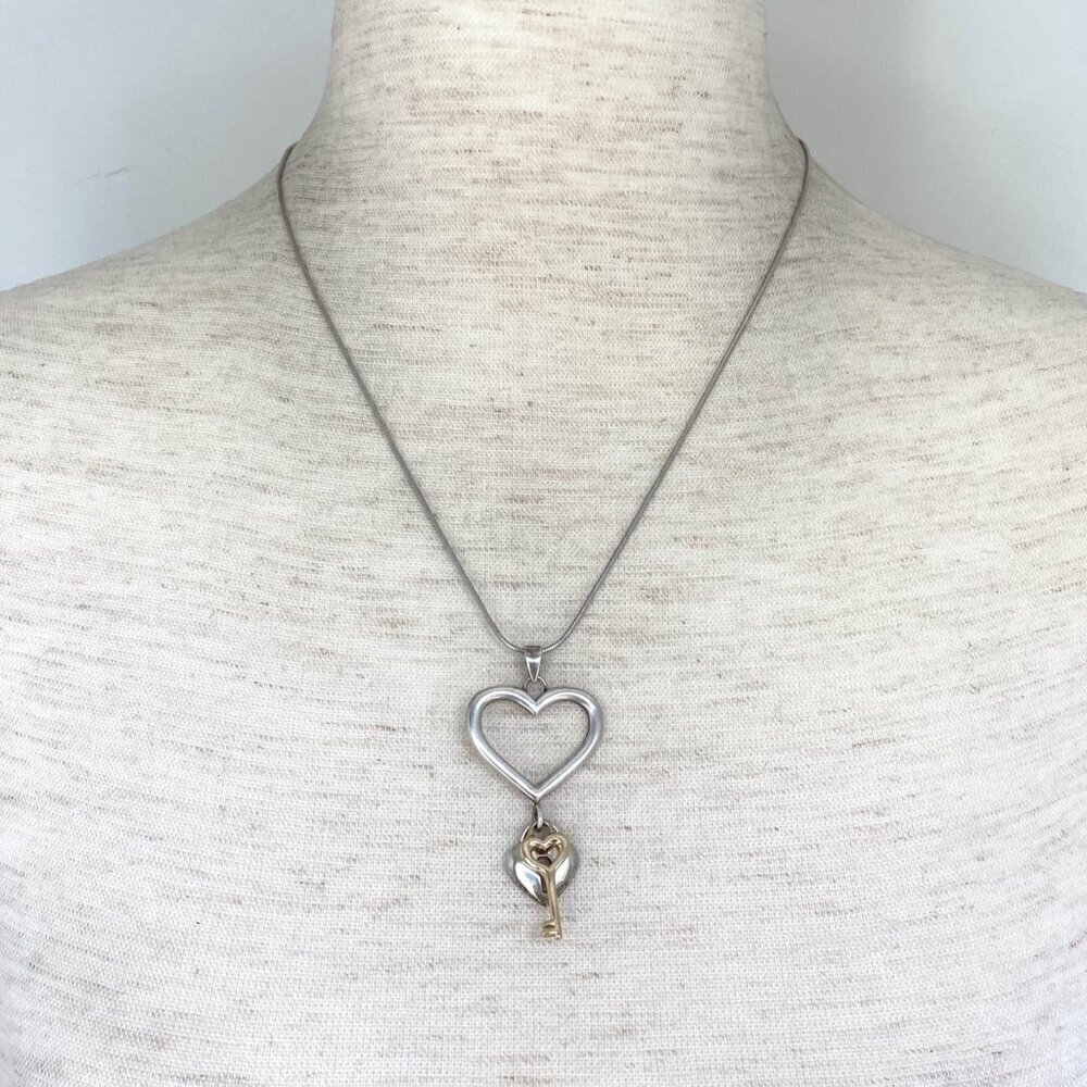 Sterling Silver 925 Heart Lock 14K Yellow Gold Key Pendant Necklace 18" Chain